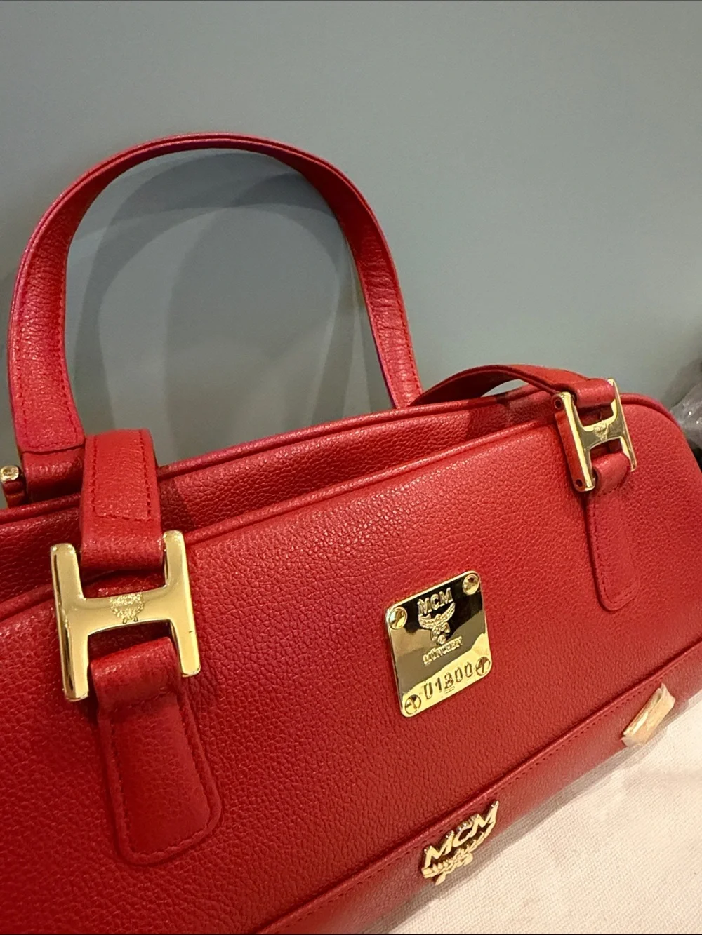 MCM Red Leather Satchel with Gold Hardware